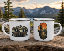 Load image into Gallery viewer, Inspired Adventure Company Tahoe Roots Enamel Camping Mug | Lake Tahoe Adventure Coffee Cup | Mountain Outdoor Mug
