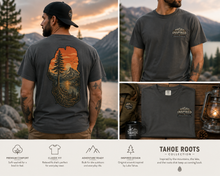 Load image into Gallery viewer, Inspired Adventure Co. Lake Tahoe Roots Series Tee – Vintage Mountain Sunset Outdoor Graphic Shirt
