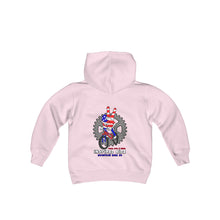 Load image into Gallery viewer, Inspired Kidz Mountain Bike Peace, Love, &amp; Shred, Youth Heavy Blend Hooded Sweatshirt
