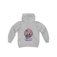 Load image into Gallery viewer, Inspired Kidz Mountain Bike Peace, Love, &amp; Shred, Youth Heavy Blend Hooded Sweatshirt
